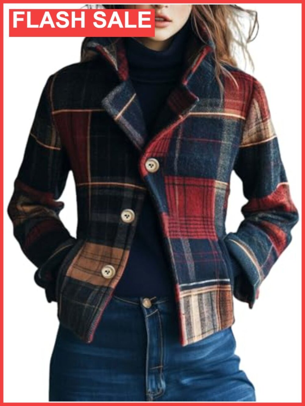 Wool Blend Plaid Crop Pea Coat Button Down Slim Fit Winter Jacket
